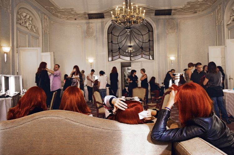 Models wait backstage at London Fashion week, September 2010To celebrate  their 40th Anniversary, Mulberry commissioned Venetia to shoot a 'slice of life', documenting the quintessentially British brand from the New York Fashion Weeks, to their production factory in Somerset, partner forums and London parties. The work has recently been published into a 500 page coffee table book released in May 2011. 